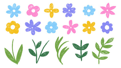 Botanical floral textured elements. Abstract chalk simple cute flowers. Child color crayon chalk botanical plant.
