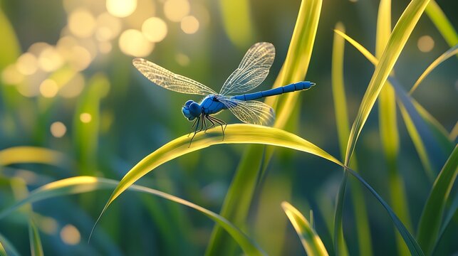 Blue Dragonfly Perched on a Green Blade of Grass in Sunlight insect photo
