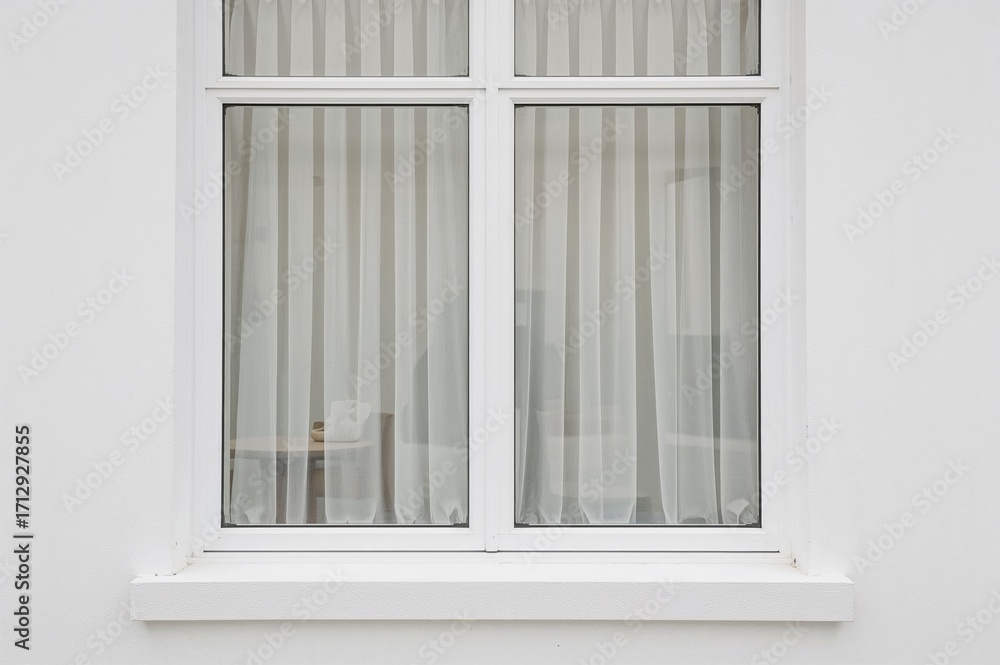 Poster close-up of a white window featuring a sheer curtain. bare windowsill available for showcasing items