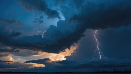 Stormy grey sky in autumn with thunder and lightning on a gloomy winter day