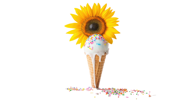 A sunflower sprouts from a melting ice cream cone, adding sprinkles to its petals, symbolizing sweet surprises and growth, on white background png