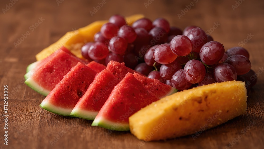 Poster slices of melon and watermelon with grapes on a rustic surface