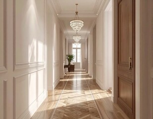 Fototapeta premium The hallway of an apartment of Europe features white walls and wooden floor tiles. The interior design is modern classic, with herringbone parquet floors made of oak