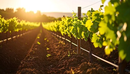 Vineyard Row at Sunset with Sun Flare Through the Vines