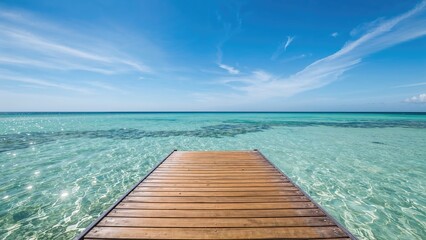 Fototapeta premium Wood plank floor with a backdrop of sea and sky