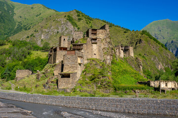 Old Fortress in mountain village Shatili, ruins of medieval castle. Khevsureti, Georgia