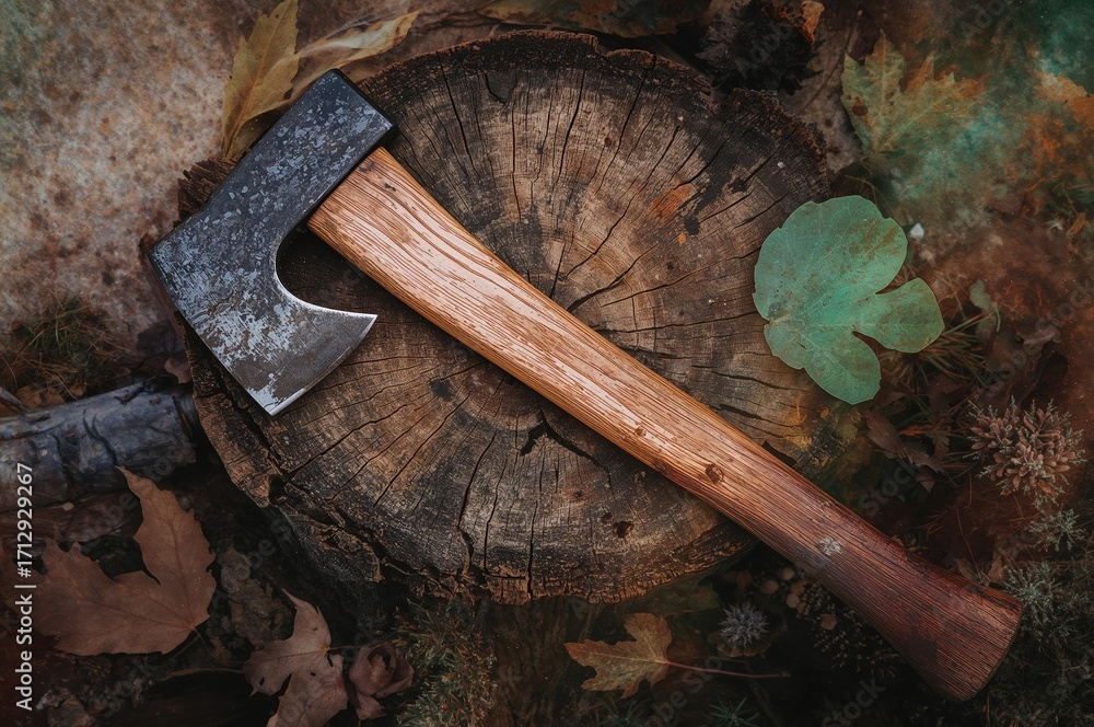Poster a heavily utilized axe embedded in a tree stump
