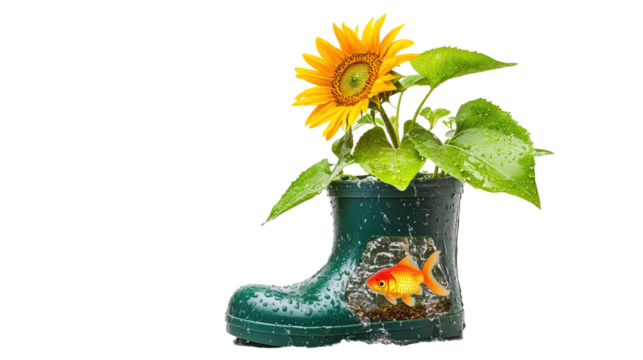 A sunflower sprouts from a rubber boot filled with rainwater and a goldfish, symbolizing splashy growth and quirky potential, on white background png