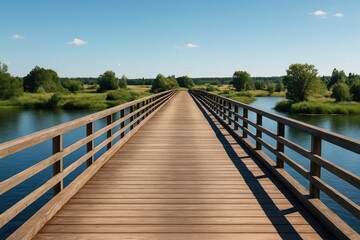 Obraz premium Rustic wooden bridge designed for cars, set against a picturesque landscape and bright blue sky