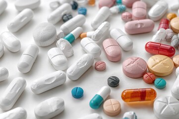 Assorted Round and Oblong Tablets Against a White Backdrop. Medicine and Health Concept.