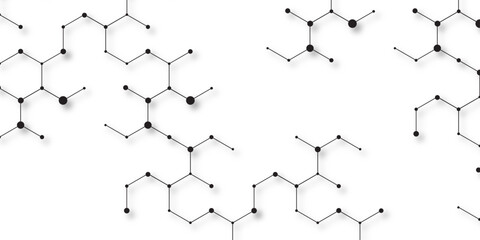 Abstract molecular structure pattern with connected hexagons and black dots on white background, scientific chemistry network concept, modern vector design for biotech, medicine, research, and tech.