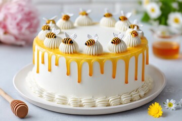 Minimalist bee cake with smooth white frosting and honey drizzle, adorned with decorative bees and cream, perfect for celebrations and sweet occasions with copy space