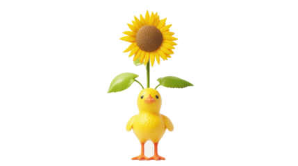 A sunflower sprouts from a rubber chicken standing proudly, symbolizing absurd beginnings and glorious growth, on white background. png