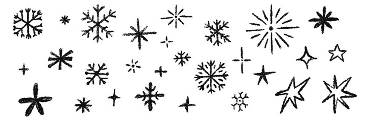 Obraz na płótnie Canvas Hand drawn Christmas snowflakes and stars shape. Chalk or pencil drawing of a set of twinkle elements