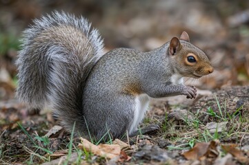 Fototapeta premium Grey Squirrel in Natural Habitat with Open Area for Text