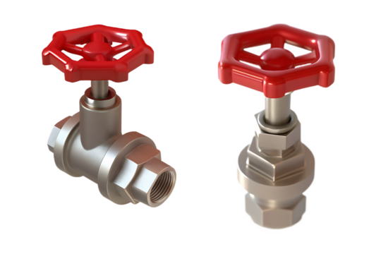 Metal gate valves red handles isolated on a transparent background brass faucet