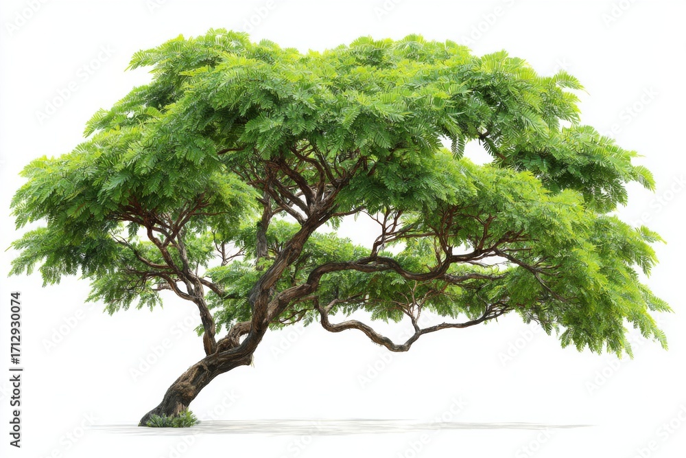 Poster vibrant acacia tree with distinctive leaf structure and twisting branches set against a clean white 