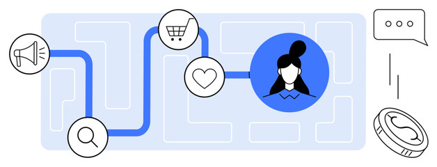 Path connecting icons for marketing, shopping cart, heart, user profile, highlighting interactions. Ideal for user experience, marketing strategy, customer behavior, journey mapping communication