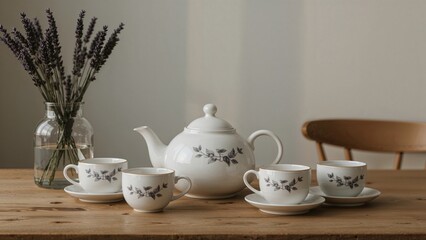 Fototapeta premium Hand-painted ceramic teapot and cups arranged on a wooden surface, evoking a sense of warmth and heritage.