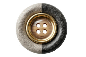 Detailed close up of a stylish two tone button with a gold rim and wooden center on transparent background