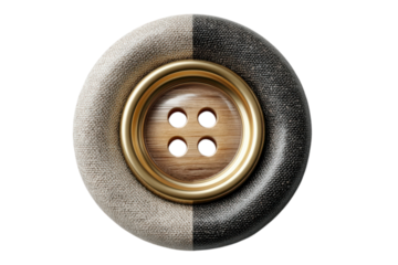 Detailed close up of a stylish two tone button with a gold rim and wooden center on transparent background