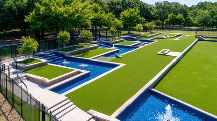 Aerial view of a modern park featuring artificial turf, water features, and lush greenery in a tranquil setting