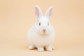 Obraz premium White rabbit against a light tan backdrop. Cute small domestic animal. Symbolic of Easter