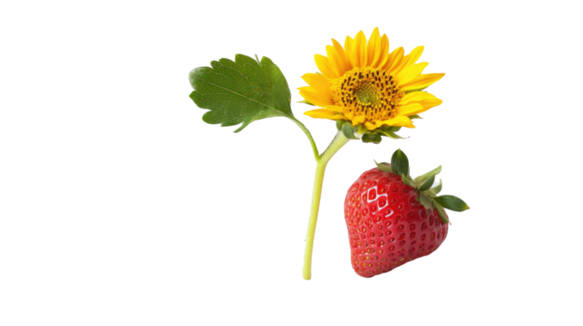 A sunflower sprouts from a strawberry, symbolizing growth and unexpected potential, on white background png