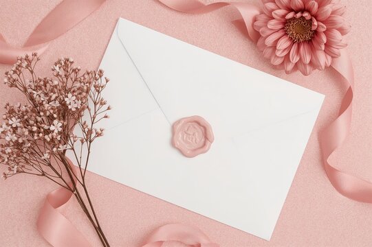 Envelope made of white wax paper sealed with wax, accompanied by dried flowers and a pink ribbon on a surface