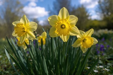 Fototapeta premium Yellow Jonquilla and Apodanthus daffodils (Narcissus) Quail flowering in a garden during April