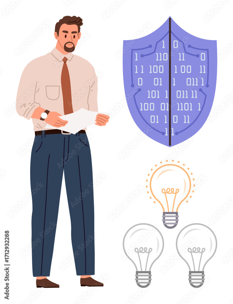 Aufkleber man holding document near binary-coded shield and lightbulbs suggesting innovation, protection, and 