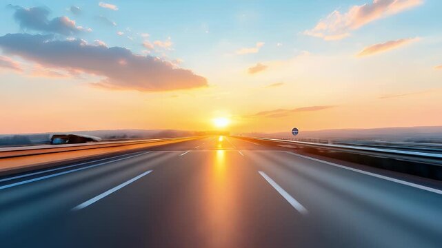 Highway Road View at Golden Sunset with Cloudy Sky for Adobe Stock Photo