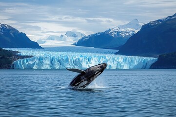 Obraz premium Opulent voyage on northern waters with panoramic views. Composite image of a humpback whale leaping from the sea against a backdrop of icy glaciers.
