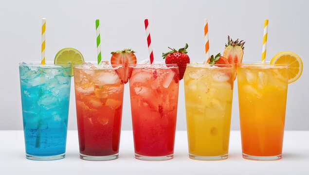 A rainbow of refreshing beverages! Every glass promises a unique taste. The playful straws bring extra joy. A true delight for your palate! Savor these lively drinks.