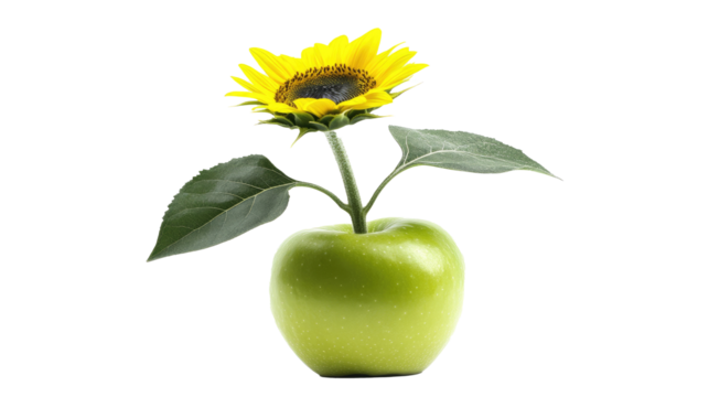 A sunflower sprouts from an apple, symbolizing growth and unexpected potential, on white background. png