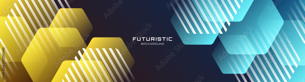 Aufkleber 3d blue yellow abstract background overlap layer on dark space with glowing hexagons effect decorati