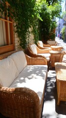 Cozy outdoor seating area with wicker furniture surrounded by lush greenery in a quaint alley