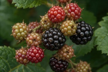 Fototapeta premium A detailed view of blackberries maturing on the vine, displaying colors shifting from green to dark red shades.