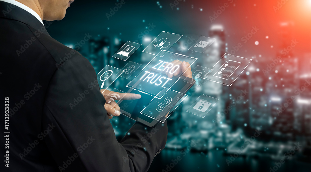 Poster zero trust model enhances data protection. zero trust blocks unauthorized access, secures devices, z