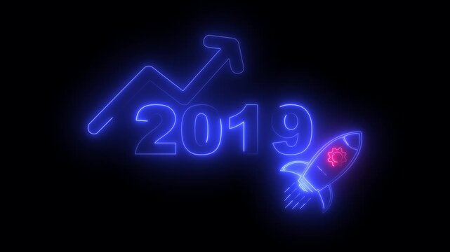 Blue neon 2019 year with upward arrow graph and rocket ship icon on black background new year