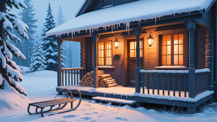 Snow-covered wooden cabin in a peaceful forest setting, with soft lighting and cozy ambience, representing comfort, retreat, and wintertime homestead tranquility