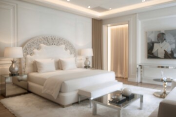 Soft-focus backdrop highlighting the sophistication of a contemporary high-end bedroom with a cozy bed, chic decorations, and calming hues that foster a peaceful ambiance.