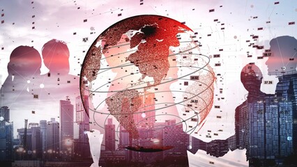 This striking image combines silhouettes of professionals with a digital globe, representing global...