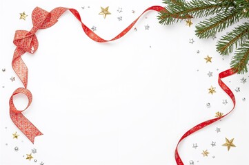 Obraz premium Festive holiday design with a white backdrop showcasing a spiral ribbon, star, and bow for seasonal decor.