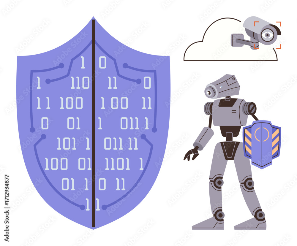Aufkleber robot securing data with shield featuring binary code, cloud-based surveillance camera. ideal for cy