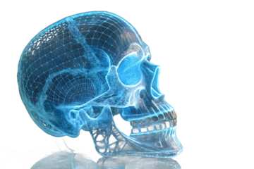 Glowing Blue 3D Wireframe Human Skull with On Transparent Background