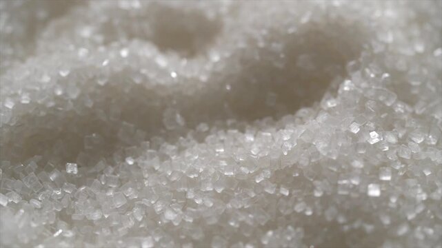 Macro video of white sugar particles. Close up texture of sugar.