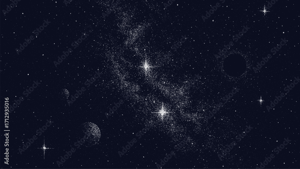 Poster dark universe background with star dust and moon. galaxy dot space grain noise vector graphic effect