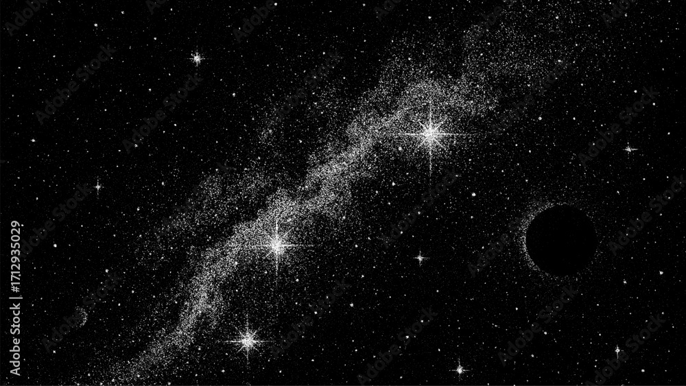 Poster black and white star galaxy with a dark planet. dot space grain noise vector texture. abstract outer