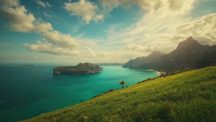 Fototapeta premium A beautiful hillside covered in grass by the sea beneath a breathtaking sky.